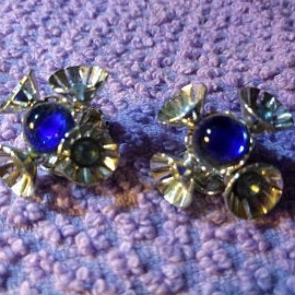 40. Silver Dome and Blue Stone Clip Earrings